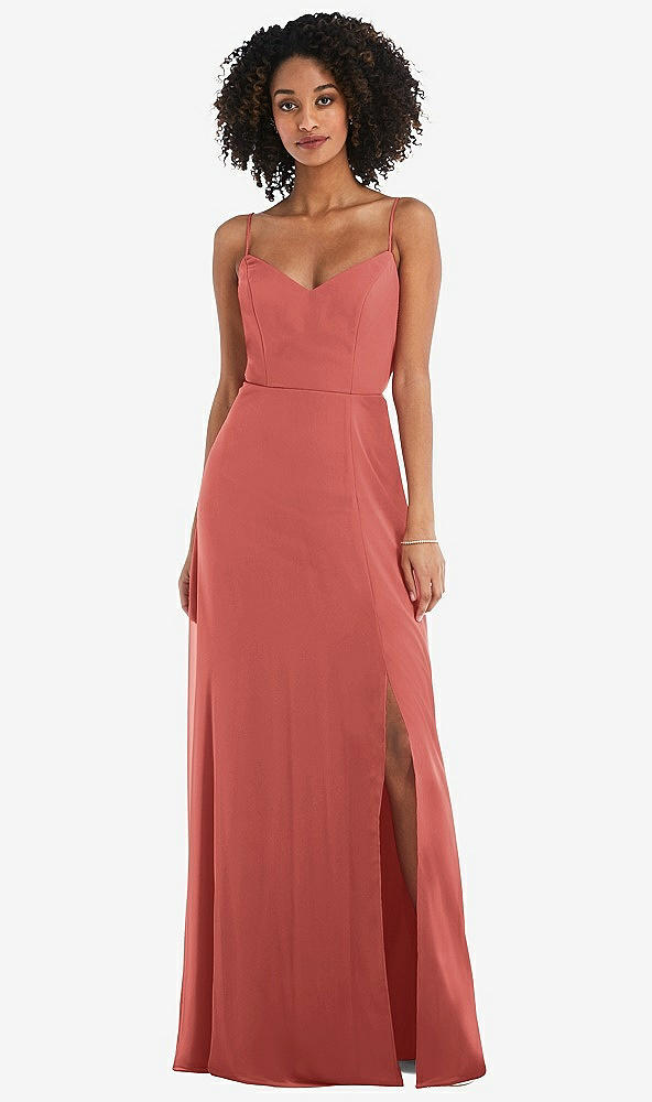Front View - Coral Pink Tie-Back Cutout Maxi Dress with Front Slit