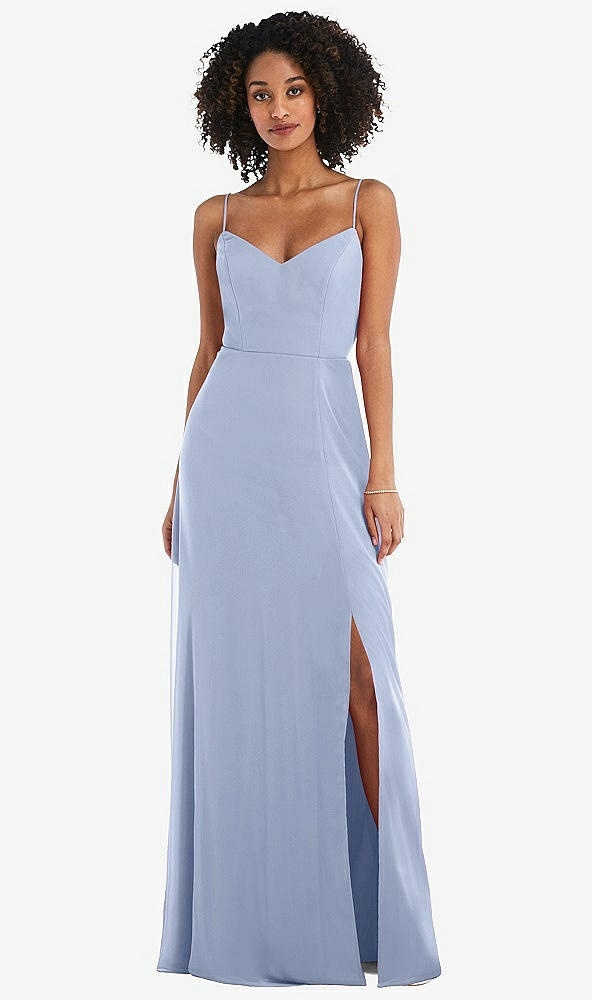 Front View - Sky Blue Tie-Back Cutout Maxi Dress with Front Slit