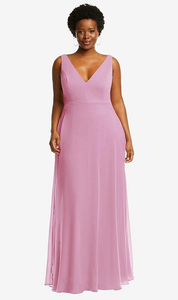 Front View - Powder Pink Deep V-Neck Chiffon Maxi Dress
