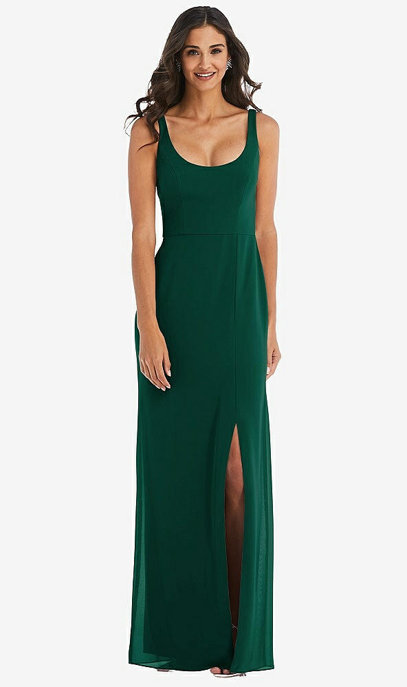 Front View - Hunter Green Scoop Neck Open-Back Trumpet Gown