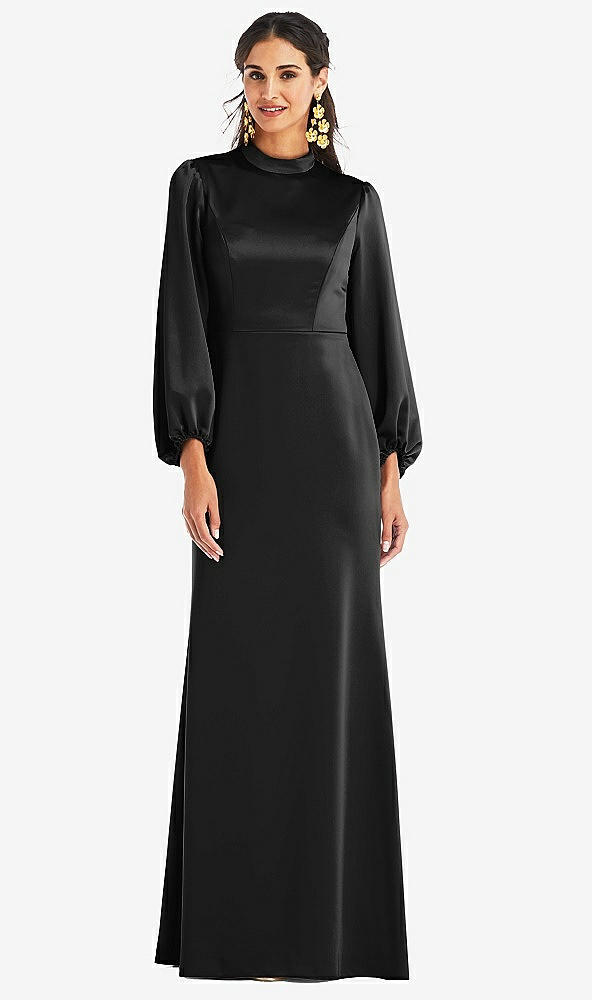 Front View - Black High Collar Puff Sleeve Trumpet Gown - Darby