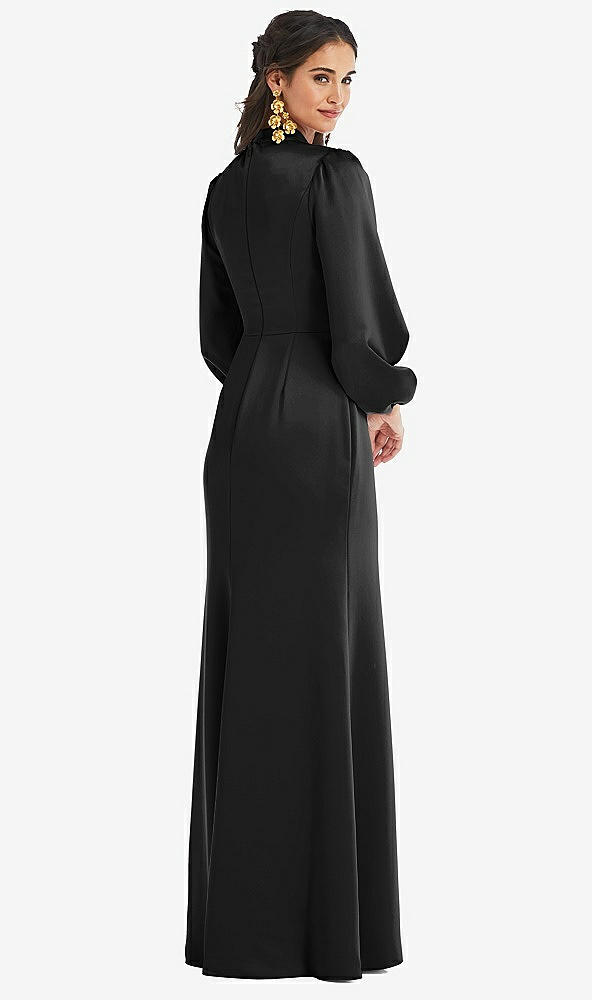 Back View - Black High Collar Puff Sleeve Trumpet Gown - Darby