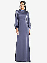 Front View Thumbnail - French Blue High Collar Puff Sleeve Trumpet Gown - Darby