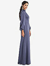 Side View Thumbnail - French Blue High Collar Puff Sleeve Trumpet Gown - Darby