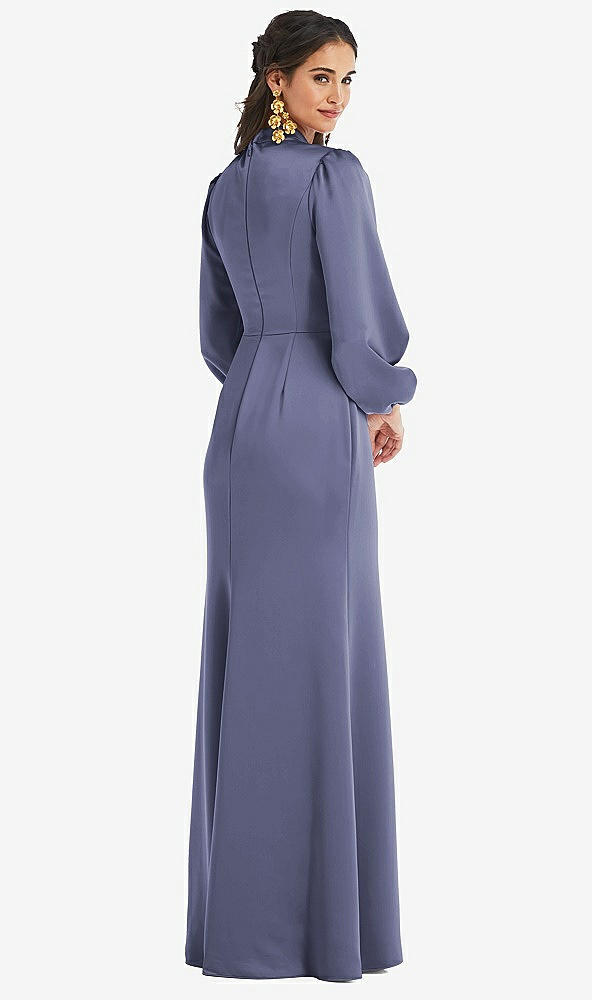 Back View - French Blue High Collar Puff Sleeve Trumpet Gown - Darby