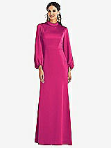 Front View Thumbnail - Think Pink High Collar Puff Sleeve Trumpet Gown - Darby