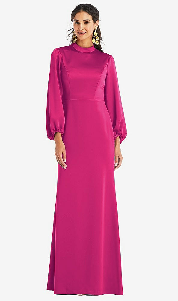 Front View - Think Pink High Collar Puff Sleeve Trumpet Gown - Darby