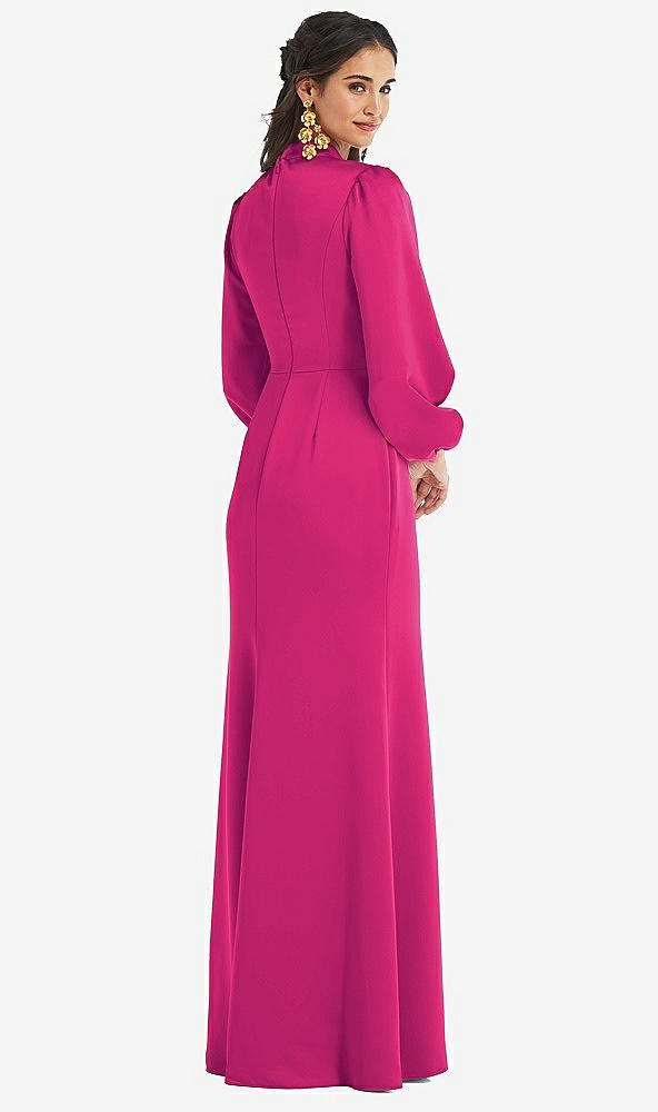 Back View - Think Pink High Collar Puff Sleeve Trumpet Gown - Darby