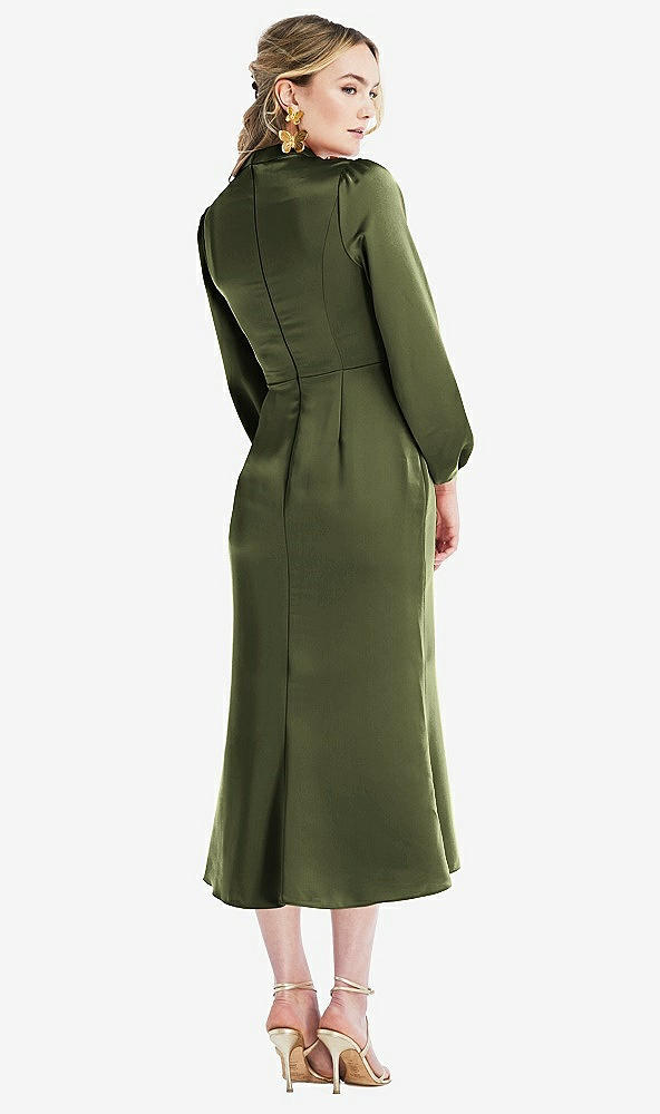 Back View - Olive Green High Collar Puff Sleeve Midi Dress - Bronwyn