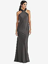 Front View Thumbnail - Caviar Gray Draped Twist Halter Tie-Back Trumpet Gown