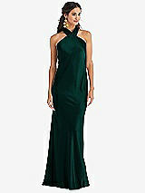 Front View Thumbnail - Evergreen Draped Twist Halter Tie-Back Trumpet Gown