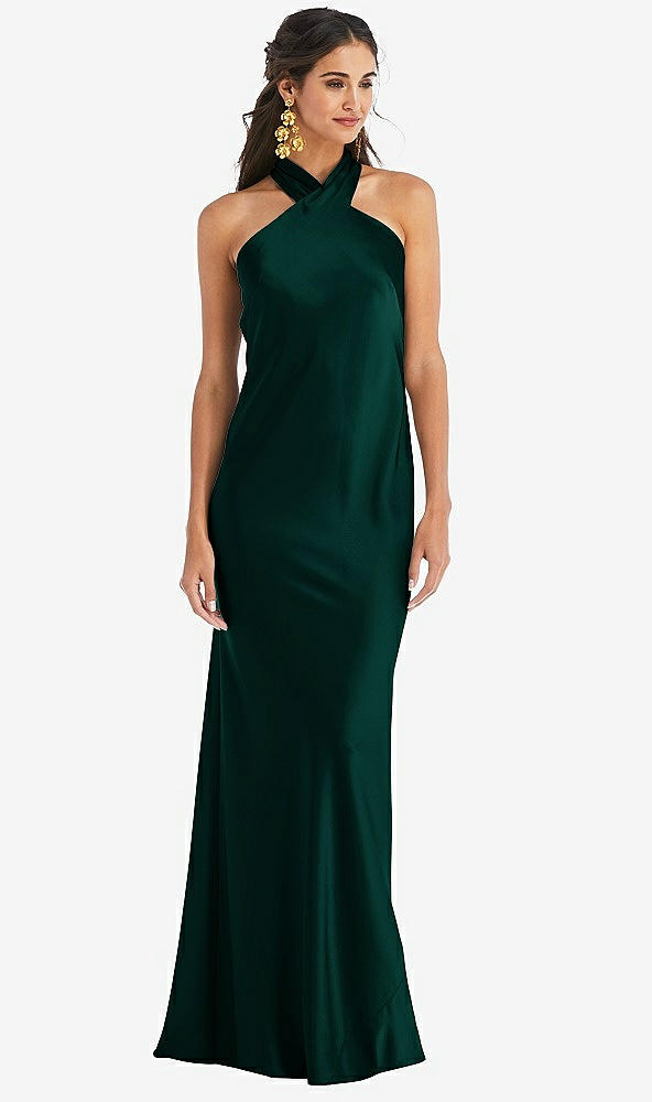 Front View - Evergreen Draped Twist Halter Tie-Back Trumpet Gown