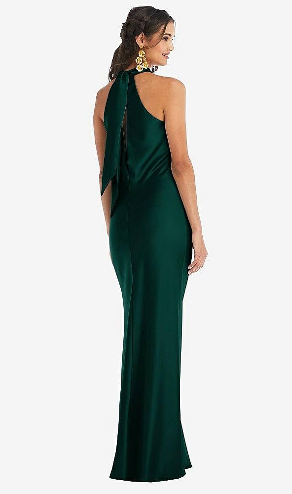 Back View - Evergreen Draped Twist Halter Tie-Back Trumpet Gown