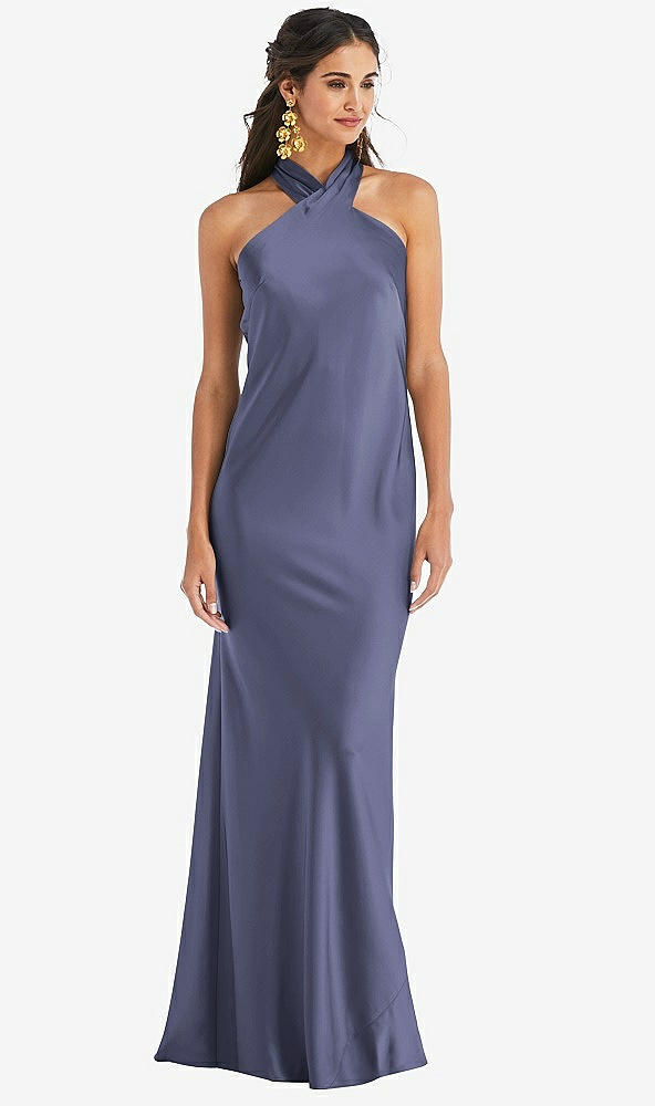 Front View - French Blue Draped Twist Halter Tie-Back Trumpet Gown