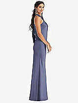 Side View Thumbnail - French Blue Draped Twist Halter Tie-Back Trumpet Gown
