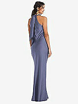 Rear View Thumbnail - French Blue Draped Twist Halter Tie-Back Trumpet Gown