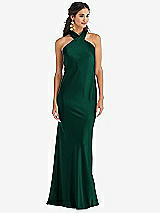 Front View Thumbnail - Hunter Green Draped Twist Halter Tie-Back Trumpet Gown