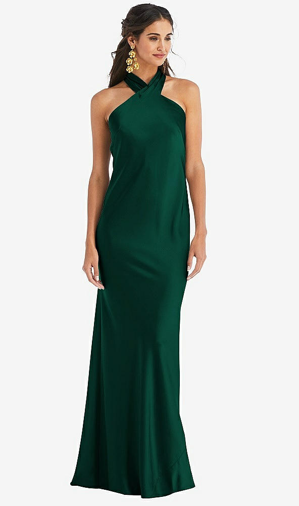 Front View - Hunter Green Draped Twist Halter Tie-Back Trumpet Gown