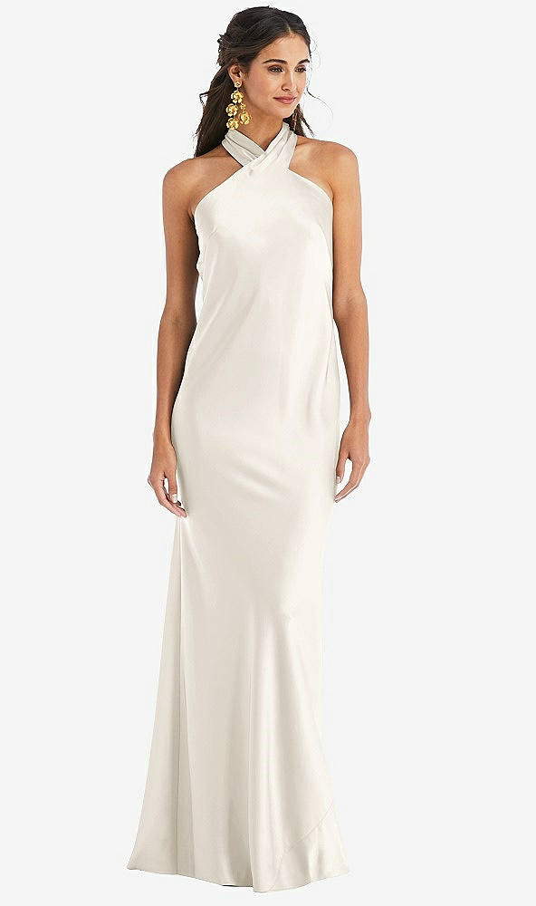 Front View - Ivory Draped Twist Halter Tie-Back Trumpet Gown