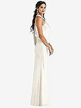 Side View Thumbnail - Ivory Draped Twist Halter Tie-Back Trumpet Gown