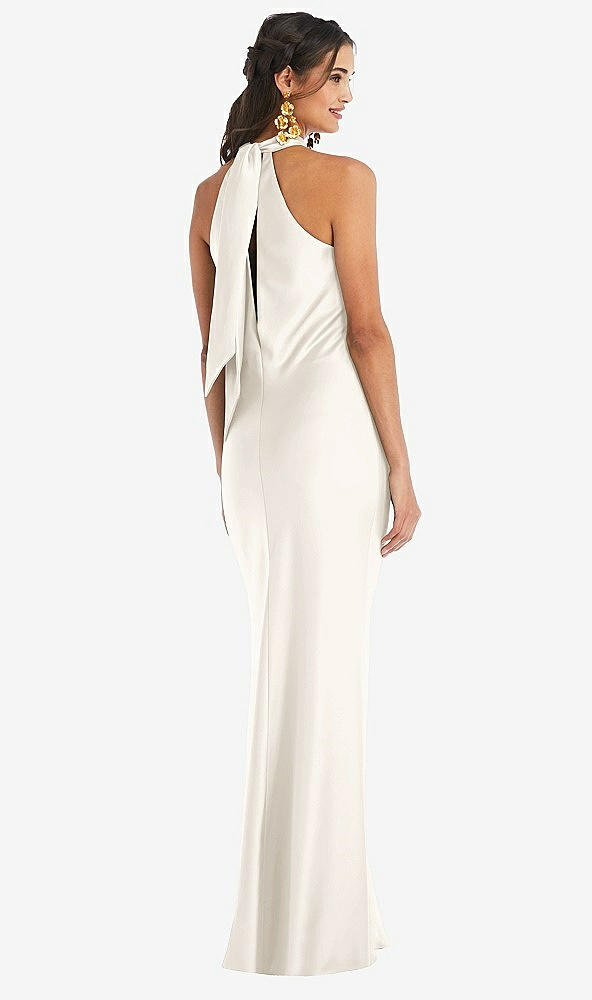 Back View - Ivory Draped Twist Halter Tie-Back Trumpet Gown