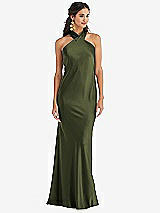 Front View Thumbnail - Olive Green Draped Twist Halter Tie-Back Trumpet Gown