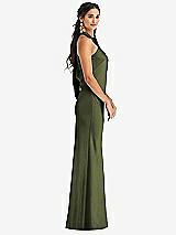 Side View Thumbnail - Olive Green Draped Twist Halter Tie-Back Trumpet Gown