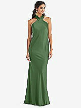 Front View Thumbnail - Vineyard Green Draped Twist Halter Tie-Back Trumpet Gown