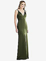 Front View Thumbnail - Olive Green Twist Strap Maxi Slip Dress with Front Slit - Neve