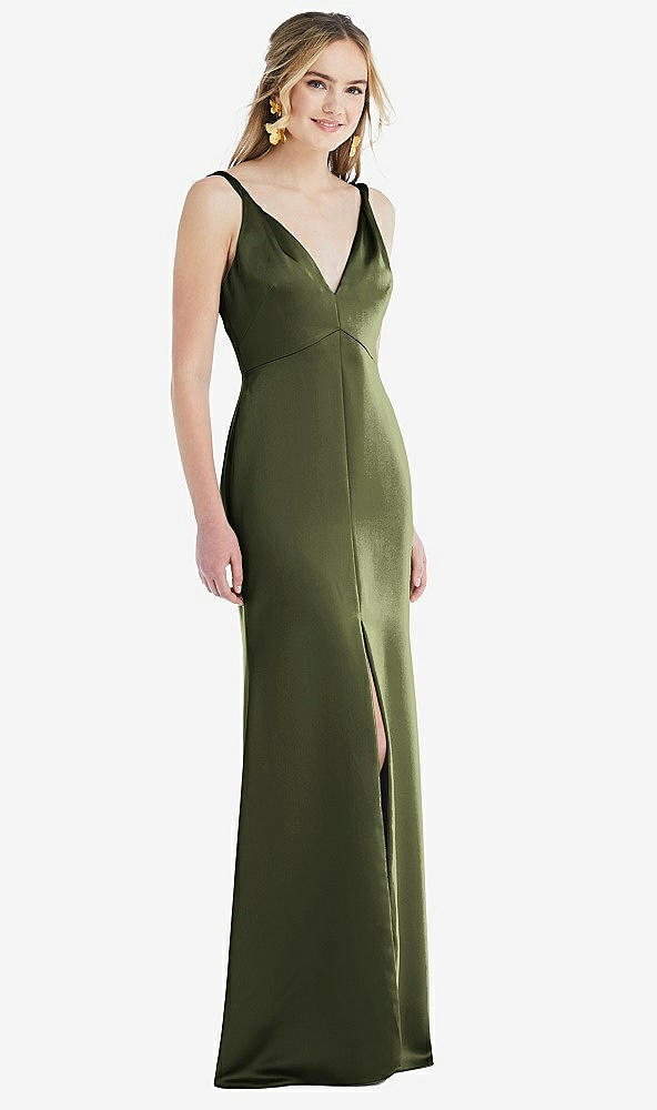 Front View - Olive Green Twist Strap Maxi Slip Dress with Front Slit - Neve