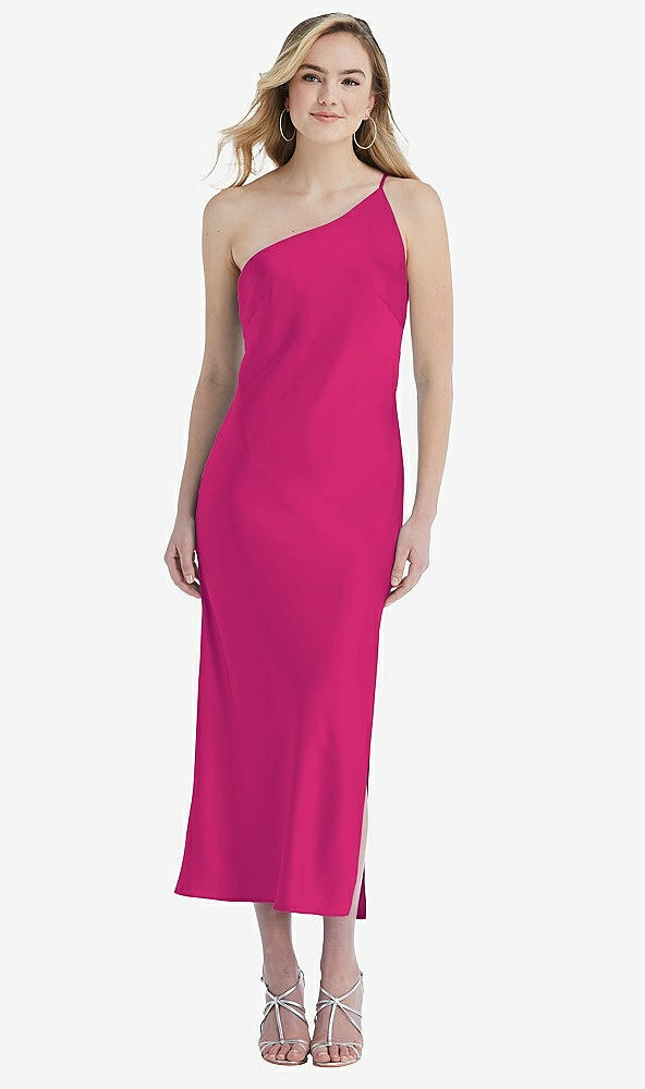 Front View - Think Pink One-Shoulder Asymmetrical Midi Slip Dress