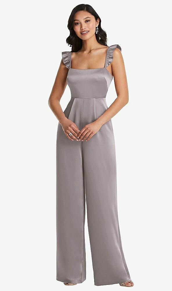 Front View - Cashmere Gray Ruffled Sleeve Tie-Back Jumpsuit with Pockets