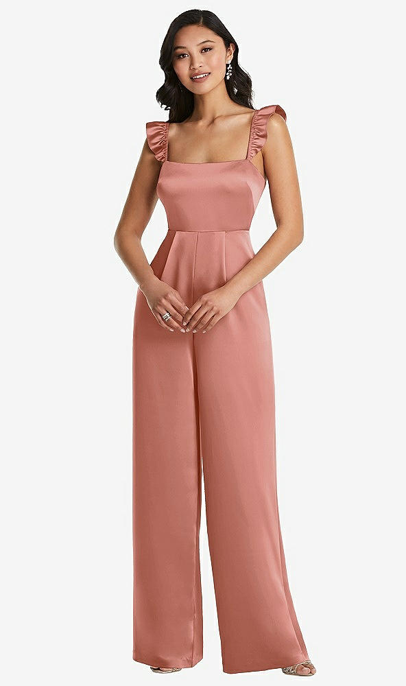Front View - Desert Rose Ruffled Sleeve Tie-Back Jumpsuit with Pockets