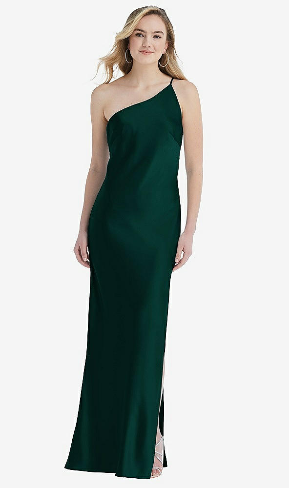Front View - Evergreen One-Shoulder Asymmetrical Maxi Slip Dress