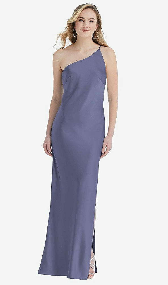 Front View - French Blue One-Shoulder Asymmetrical Maxi Slip Dress
