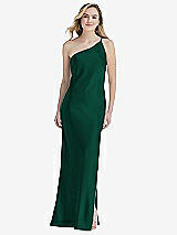 Front View Thumbnail - Hunter Green One-Shoulder Asymmetrical Maxi Slip Dress