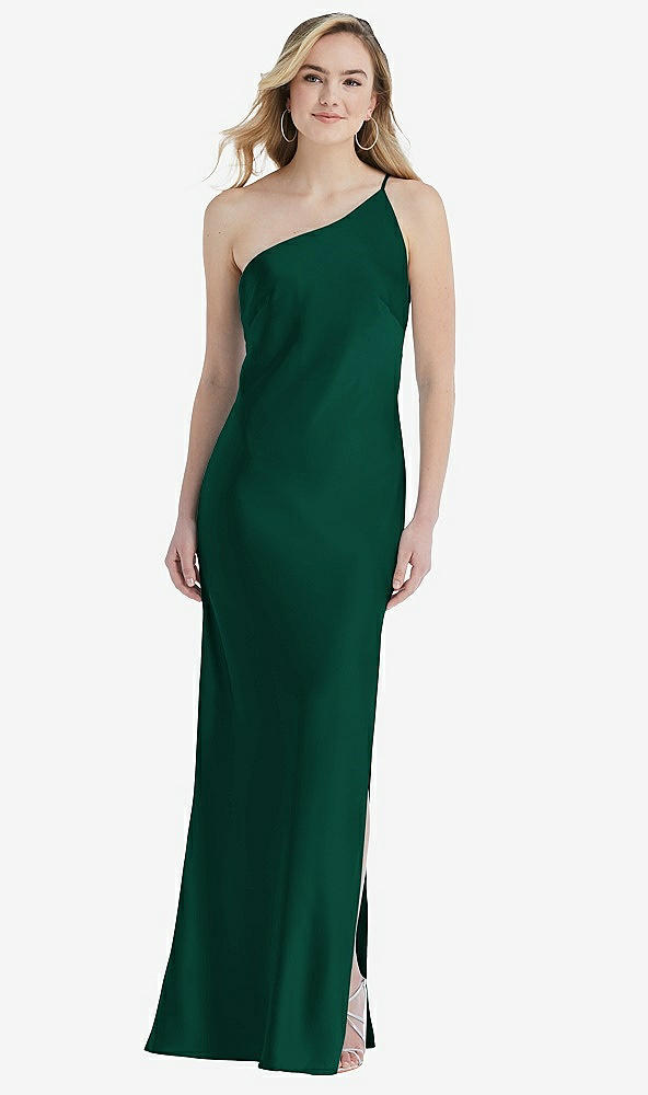Front View - Hunter Green One-Shoulder Asymmetrical Maxi Slip Dress