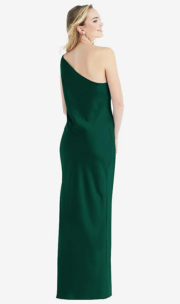 Back View - Hunter Green One-Shoulder Asymmetrical Maxi Slip Dress