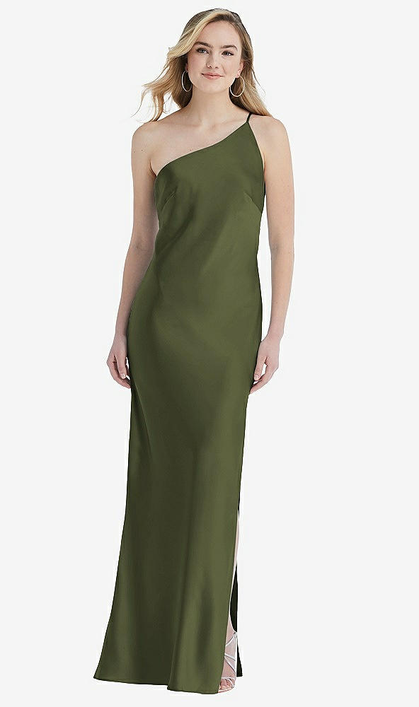 Front View - Olive Green One-Shoulder Asymmetrical Maxi Slip Dress
