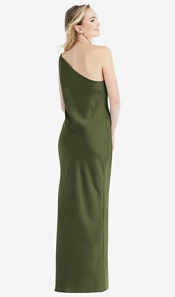 Back View - Olive Green One-Shoulder Asymmetrical Maxi Slip Dress