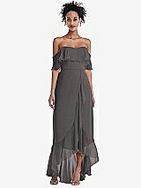 Front View Thumbnail - Caviar Gray Off-the-Shoulder Ruffled High Low Maxi Dress