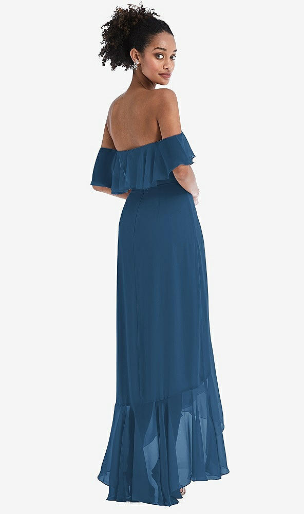 Back View - Dusk Blue Off-the-Shoulder Ruffled High Low Maxi Dress