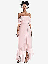 Front View Thumbnail - Ballet Pink Off-the-Shoulder Ruffled High Low Maxi Dress