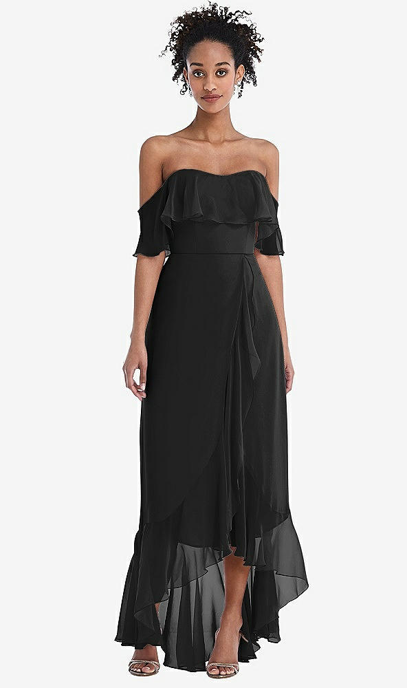 Front View - Black Off-the-Shoulder Ruffled High Low Maxi Dress