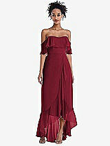 Front View Thumbnail - Burgundy Off-the-Shoulder Ruffled High Low Maxi Dress