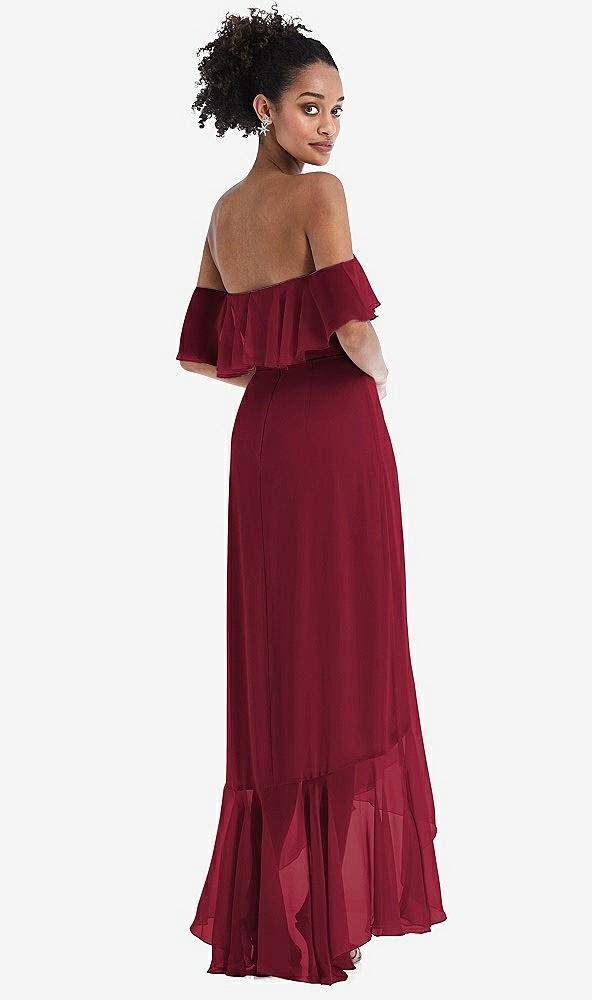 Back View - Burgundy Off-the-Shoulder Ruffled High Low Maxi Dress