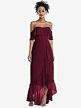 Front View Thumbnail - Cabernet Off-the-Shoulder Ruffled High Low Maxi Dress