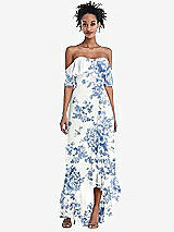 Front View Thumbnail - Cottage Rose Dusk Blue Off-the-Shoulder Ruffled High Low Maxi Dress