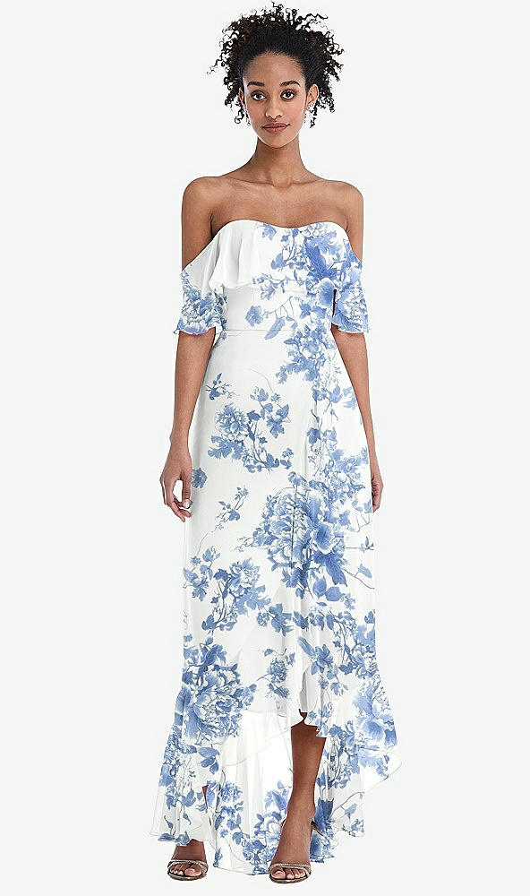 Front View - Cottage Rose Dusk Blue Off-the-Shoulder Ruffled High Low Maxi Dress