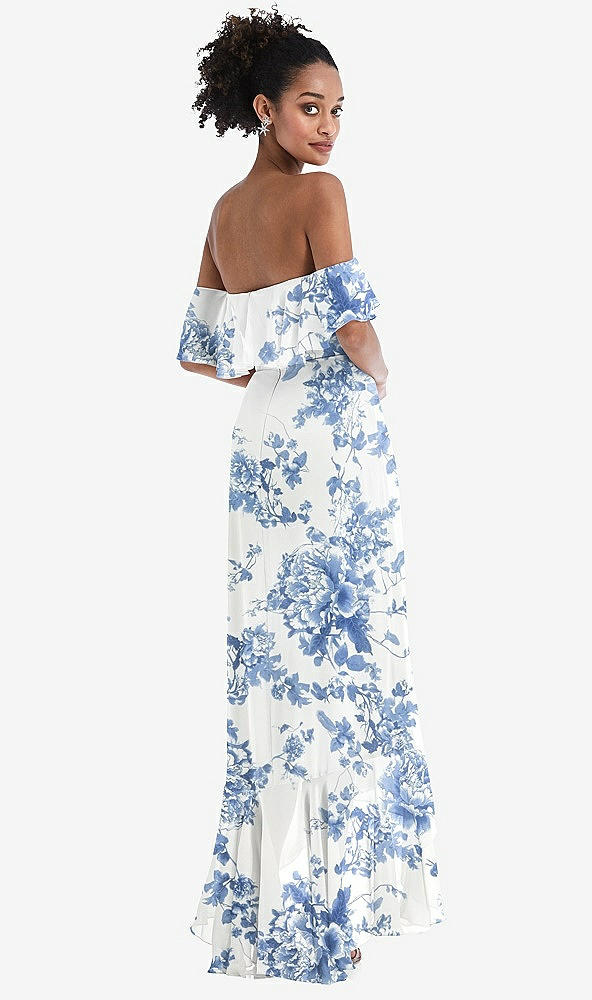 Back View - Cottage Rose Dusk Blue Off-the-Shoulder Ruffled High Low Maxi Dress